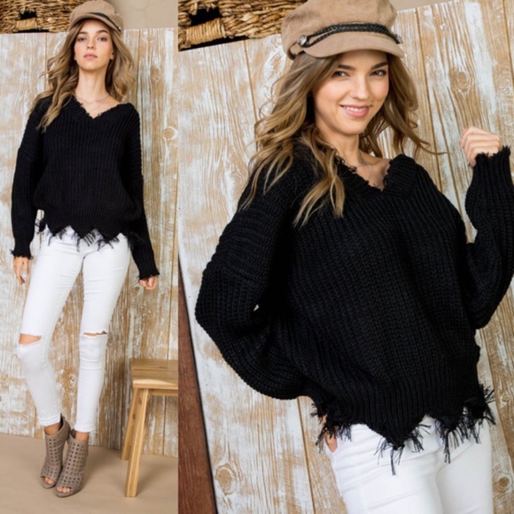 Frayed Hem Sweater - BLACK - Picture 4 of 5